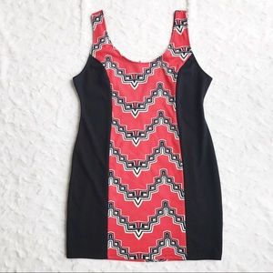 Red and Black Geometric Border Bodycon Dress